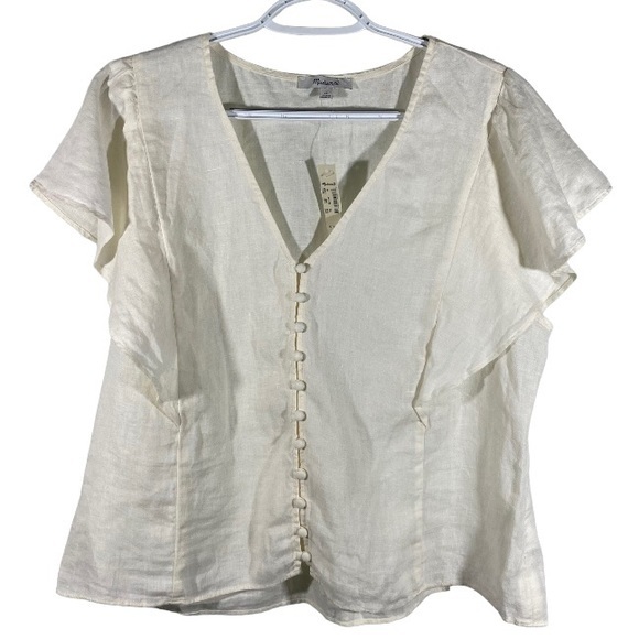 NWT Madewell natural off white linen Angel wing sleeves button front top 16 - Picture 1 of 10
